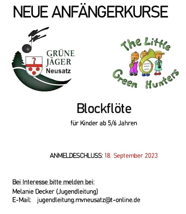 Flyer: Neue Anfängerkurse Blockflöte für Kinder ab 5/6 Jahren, Anmeldeschluss 18. September 2023